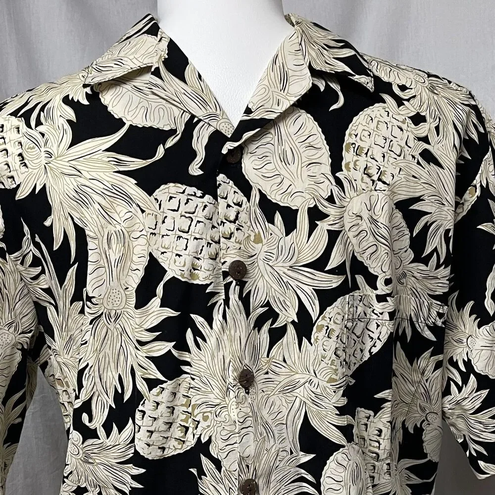 Hilo Hattie Men’s Hawaiian Tiki Shirt Pineapple Black Cream Gold Sz Large